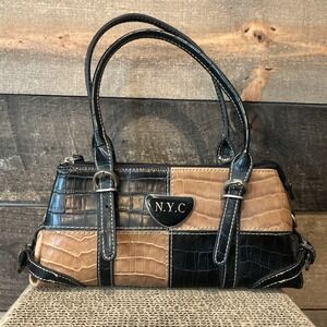 Small N.Y.C. NYC Brown Textured Purse Handbag Silver Buckles 10" X 5" X 3"